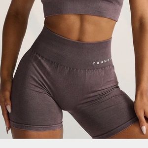 YOUNGLA- size small, carbon plum truffle scrunch shorts